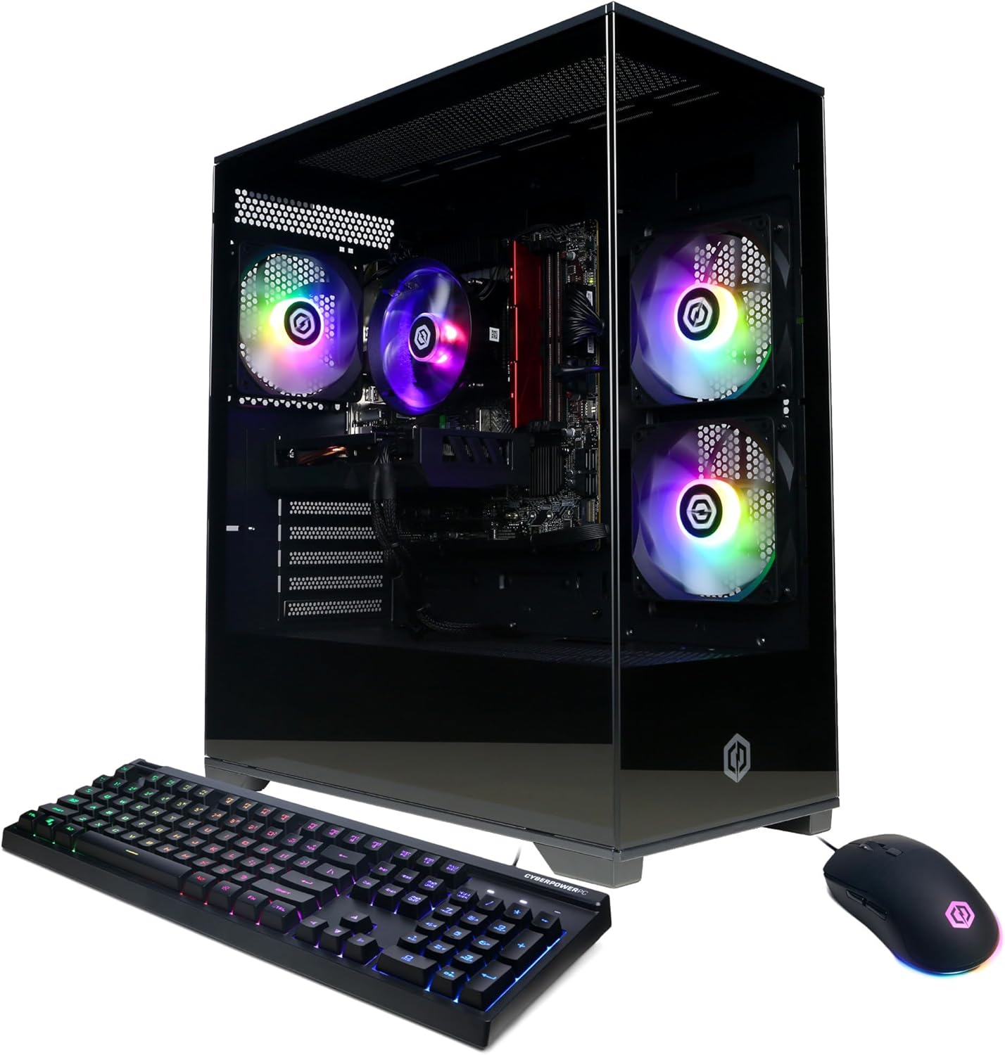 CyberPowerPC Gamer Xtreme gaming desktop with tempered glass side panel showing internal components and RGB lighting